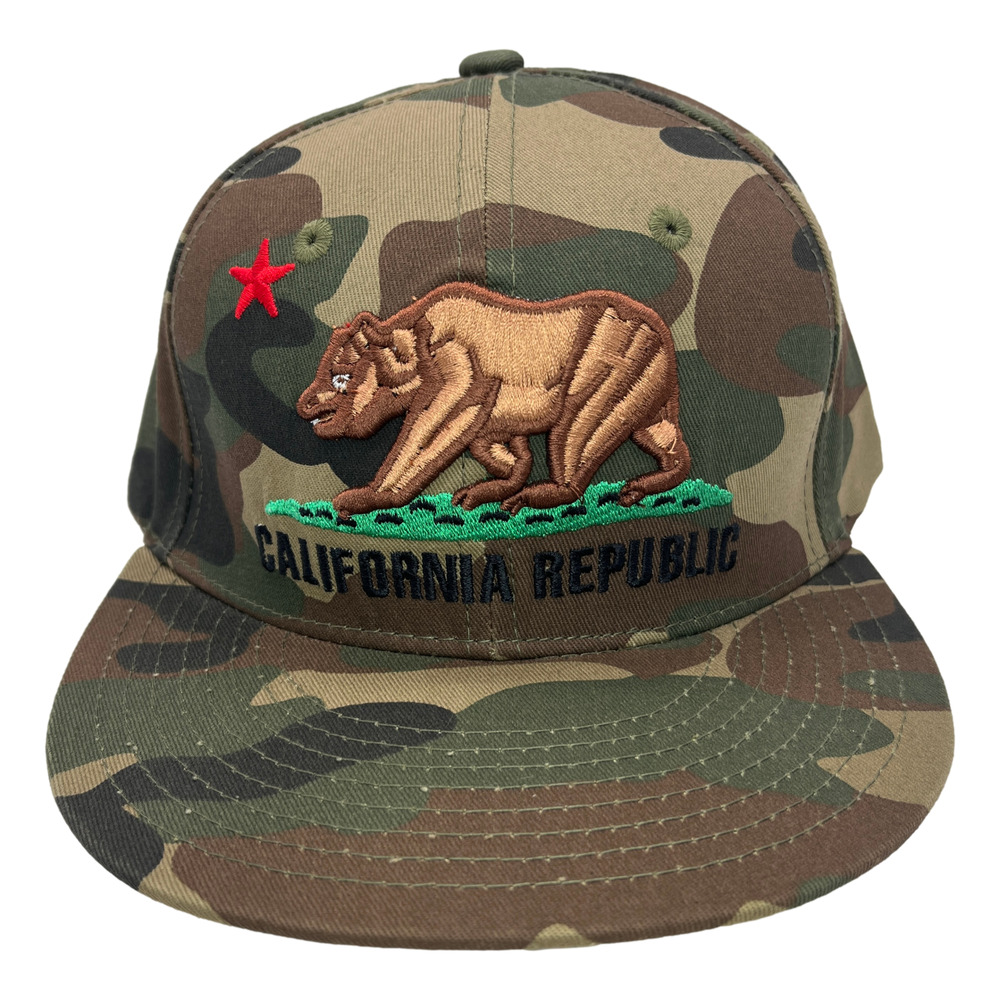California Republic Cali Bear Flag Flat Bill Snapback Cap Hat Camo Brown Bear
